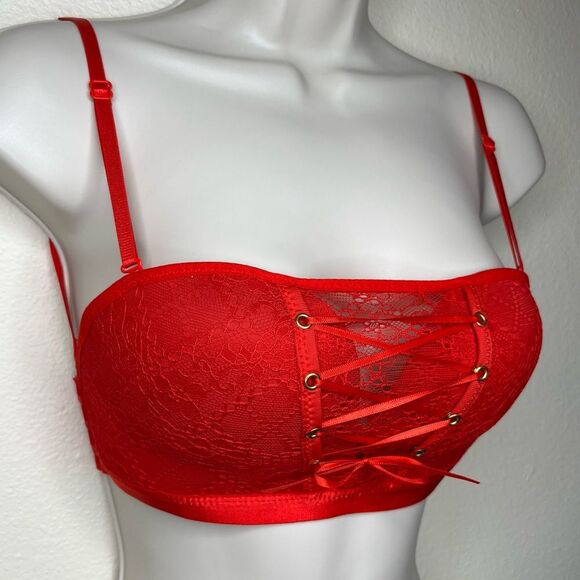 Red Lace Bralette Corset Lace Tie Up Bra Convertible Strapless Push Up Women 34C - Picture 2 of 16